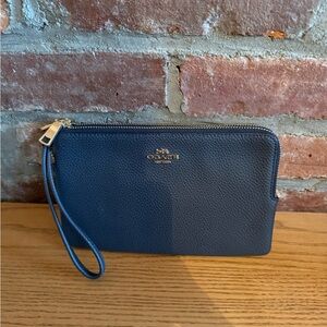 Authentic Coach Dark Blue Wristlet with Gold Accents